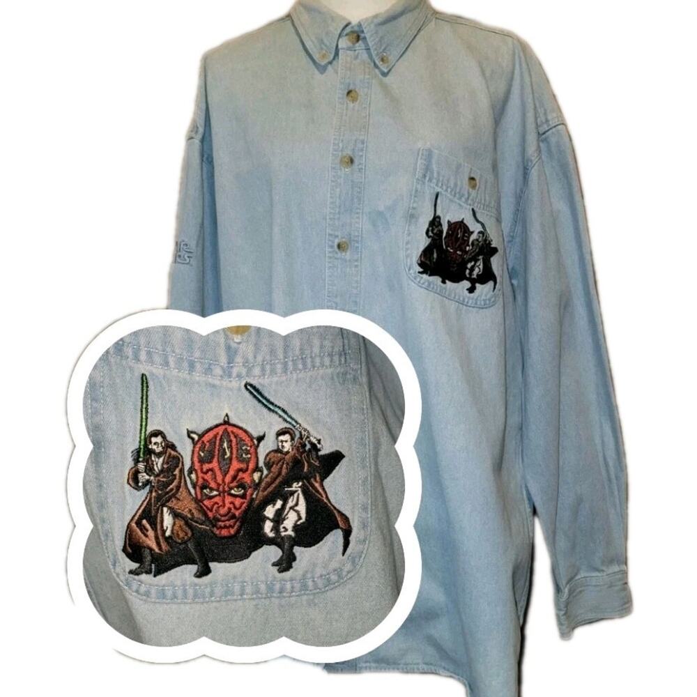 Vintage Lee Sport Star Wars Phantom Menace Men's Long Sleeve Denim Shirt 2XL